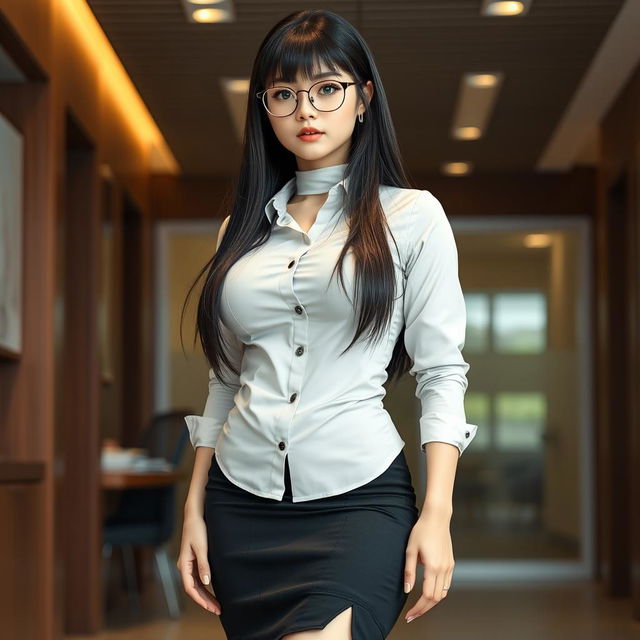 A 19-year-old female Japanese secretary characterized by a curvy body type with huge, big silicone breasts and a big butt