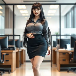 A 19-year-old female Japanese secretary characterized by a curvy body type with huge, big silicone breasts and a big butt