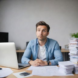 A focused office worker in smart-casual attire is sitting at a desk filled with paperwork and tech gadgets