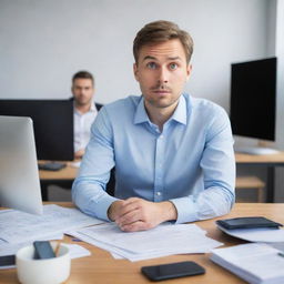 A focused office worker in smart-casual attire is sitting at a desk filled with paperwork and tech gadgets