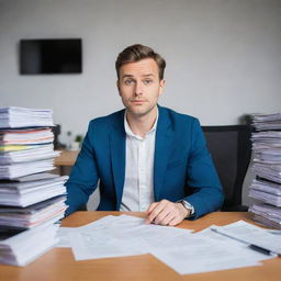 A focused office worker in smart-casual attire is sitting at a desk filled with paperwork and tech gadgets