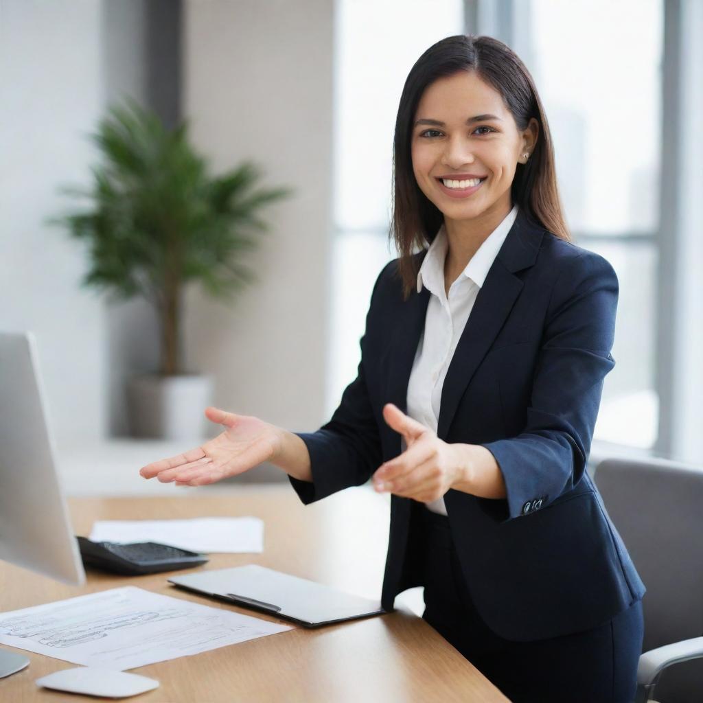 An office worker in professional attire extending a friendly greeting