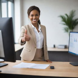 An office worker in professional attire extending a friendly greeting