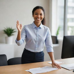 An office worker in professional attire extending a friendly greeting