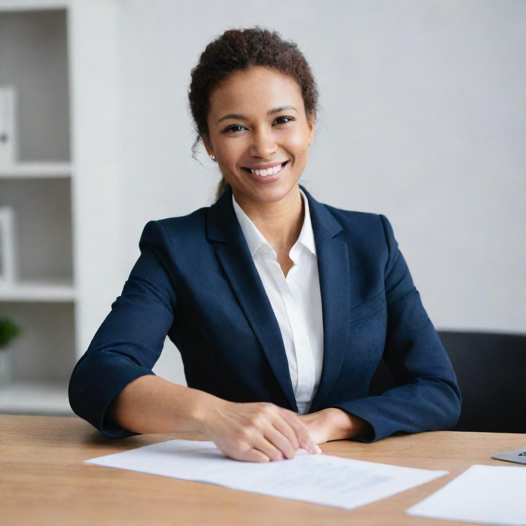 An office worker in professional attire extending a friendly greeting