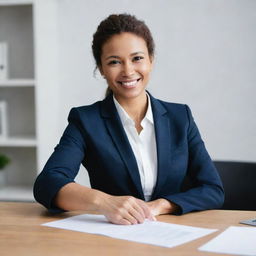 An office worker in professional attire extending a friendly greeting