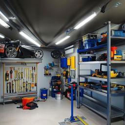 An interior view of a spacious home garage with various tools, a shiny car, and bright overhead lighting