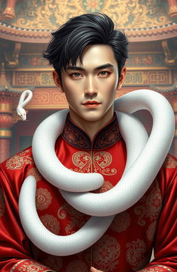 A captivating scene from a fantasy harem novel featuring a handsome Chinese imperial man adorned in rich, traditional garments with intricate patterns and luxurious fabrics