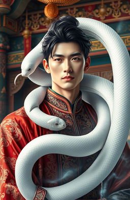 A captivating scene from a fantasy harem novel featuring a handsome Chinese imperial man adorned in rich, traditional garments with intricate patterns and luxurious fabrics