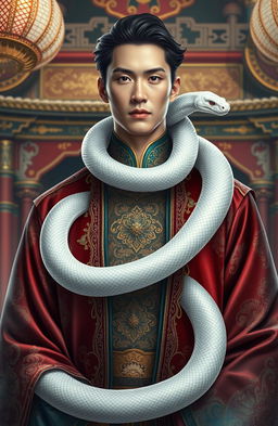 A captivating scene from a fantasy harem novel featuring a handsome Chinese imperial man adorned in rich, traditional garments with intricate patterns and luxurious fabrics