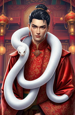A captivating scene from a fantasy harem novel featuring a handsome Chinese imperial man adorned in rich, traditional garments with intricate patterns and luxurious fabrics