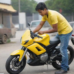 A young man diligently washing his motorbike with a bright yellow microfiber cloth, his efforts reflected in the bike's gleaming surfaces