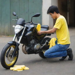 A young man diligently washing his motorbike with a bright yellow microfiber cloth, his efforts reflected in the bike's gleaming surfaces