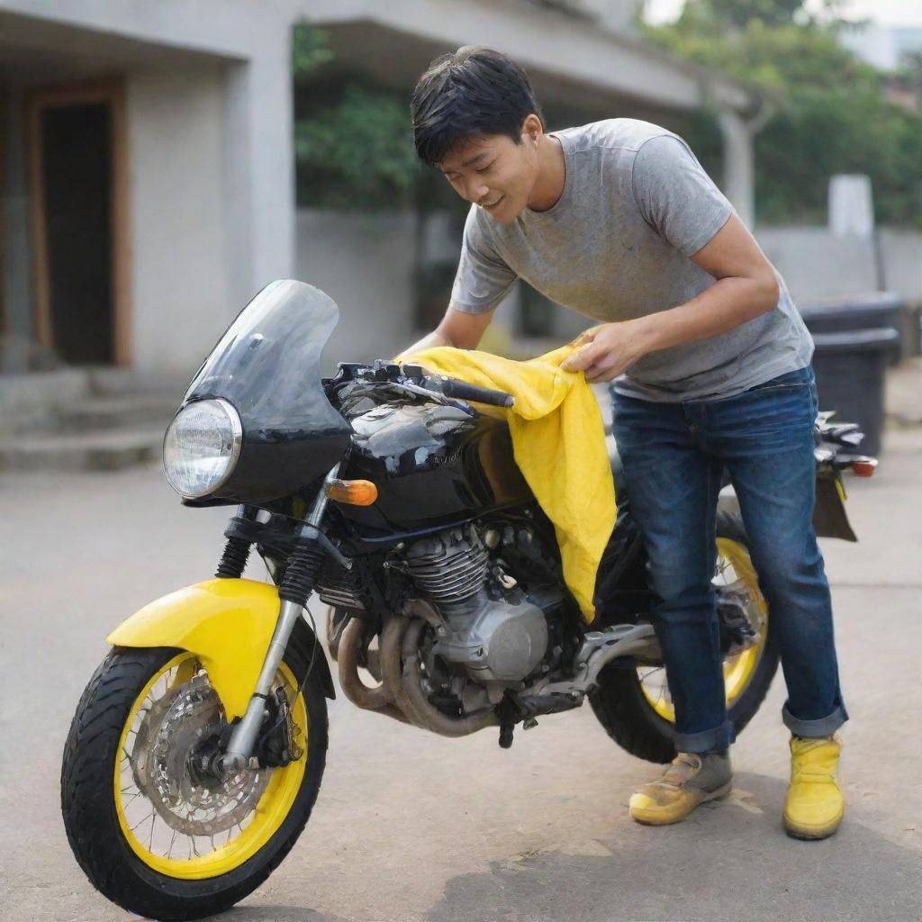 A young man diligently washing his motorbike with a bright yellow microfiber cloth, his efforts reflected in the bike's gleaming surfaces