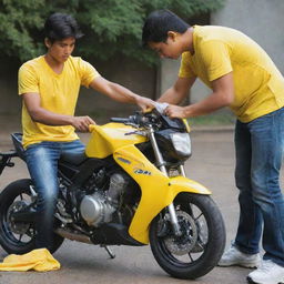 A young man diligently washing his motorbike with a bright yellow microfiber cloth, his efforts reflected in the bike's gleaming surfaces