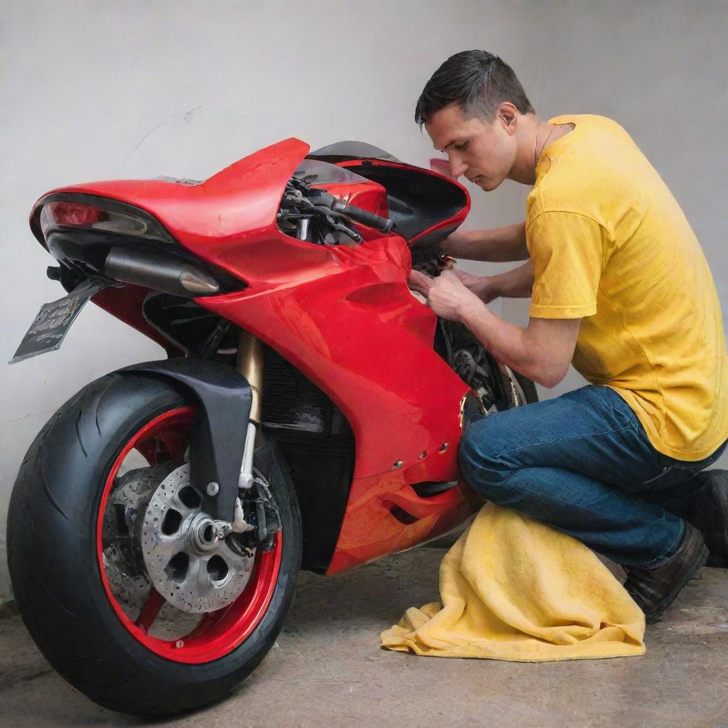 A young man carefully washing a vibrant red Ducati motorbike, using a yellow microfiber cloth