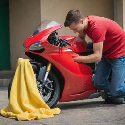 A young man carefully washing a vibrant red Ducati motorbike, using a yellow microfiber cloth