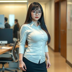 A 19-year-old female Japanese secretary with a curvy body type, characterized by huge, extremely large silicone breasts and a big ass