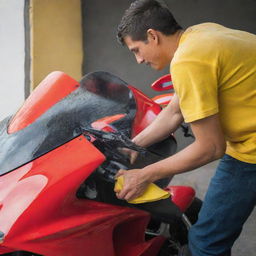 A young man carefully washing a vibrant red Ducati motorbike, using a yellow microfiber cloth