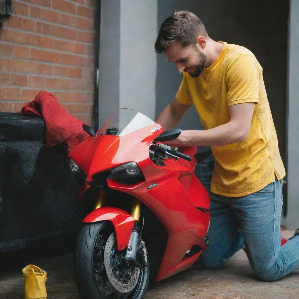 A young man carefully washing a vibrant red Ducati motorbike, using a yellow microfiber cloth