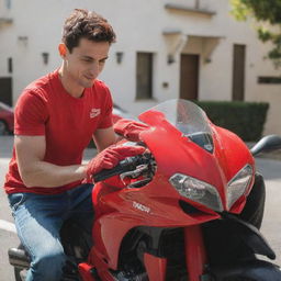 A young man attentively washing his vivid red Ducati motorbike with a microfiber cloth, bringing out the shine and sleekness of the bike under the sunlight