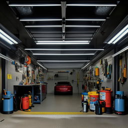 An interior view of a spacious home garage with various tools, a shiny car, and bright overhead lighting