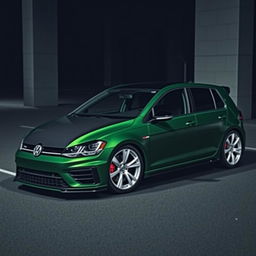A dark green, four-door MK7 Volkswagen Golf R, featuring a sleek carbon fiber hood that is fully black
