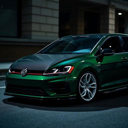 A dark green, four-door MK7 Volkswagen Golf R, featuring a sleek carbon fiber hood that is fully black