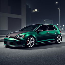 A dark green, four-door MK7 Volkswagen Golf R, featuring a sleek carbon fiber hood that is fully black