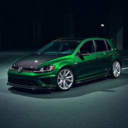 A dark green, four-door MK7 Volkswagen Golf R, featuring a sleek carbon fiber hood that is fully black