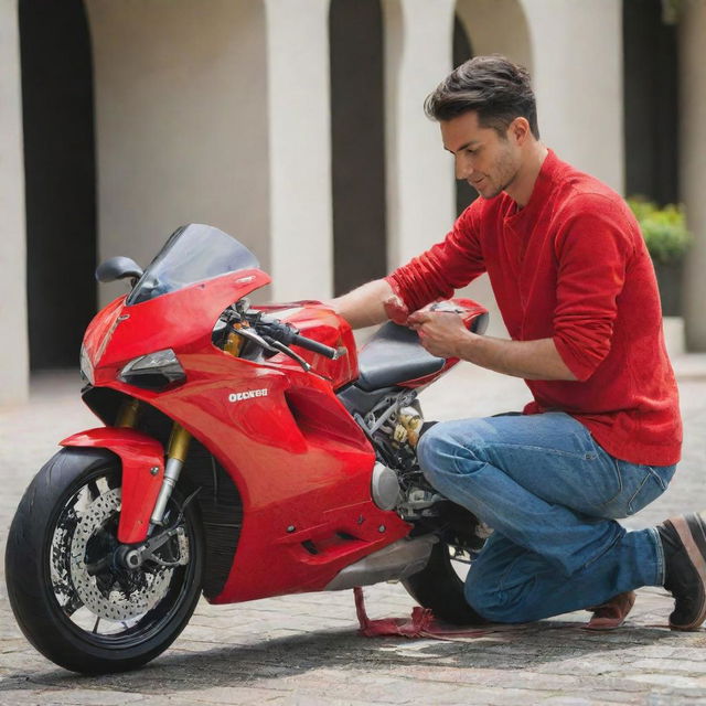 A young man attentively washing his vivid red Ducati motorbike with a microfiber cloth, bringing out the shine and sleekness of the bike under the sunlight