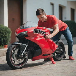 A young man attentively washing his vivid red Ducati motorbike with a microfiber cloth, bringing out the shine and sleekness of the bike under the sunlight