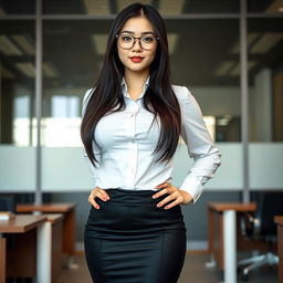 A 19-year-old female secretary of mixed Japanese and Caucasian ethnicity, showcasing a curvy body type with huge, extremely large silicone breasts and a big ass