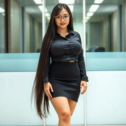 A 19-year-old female secretary of mixed Japanese and Caucasian ethnicity, showcasing a curvy body type with huge, extremely large silicone breasts and a big ass