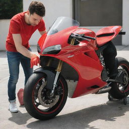 A young man attentively washing his vivid red Ducati motorbike with a microfiber cloth, bringing out the shine and sleekness of the bike under the sunlight