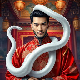 A captivating scene from a fantasy harem novel titled 'The Serpent of Desire', featuring a handsome Chinese imperial man adorned in rich, traditional garments with intricate patterns and luxurious fabrics