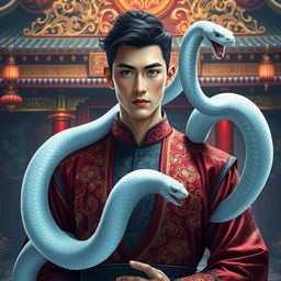 A captivating scene from a fantasy harem novel titled 'The Serpent of Desire', featuring a handsome Chinese imperial man adorned in rich, traditional garments with intricate patterns and luxurious fabrics