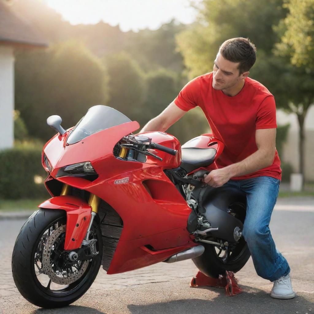 A young man rinsing a real-life size, vibrant red Ducati motorbike with a microfiber cloth, giving every edge and curve precise attention and care, under the soft, gleaming sun