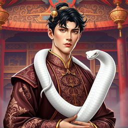 A captivating scene from a fantasy harem novel titled 'The Serpent of Desire', featuring a handsome Chinese imperial man adorned in rich, traditional garments with intricate patterns and luxurious fabrics