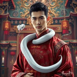 A captivating scene from a fantasy harem novel titled 'The Serpent of Desire', featuring a handsome Chinese imperial man adorned in rich, traditional garments with intricate patterns and luxurious fabrics