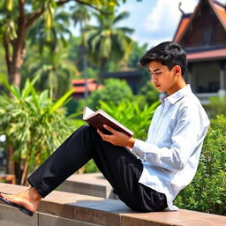A tall, attractive student dressed in a crisp white long-sleeve shirt and tailored black pants, deeply focused on reading a book