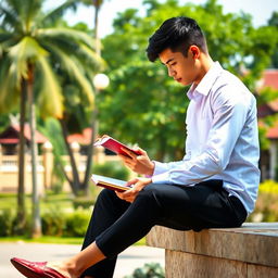 A tall, attractive student dressed in a crisp white long-sleeve shirt and tailored black pants, deeply focused on reading a book