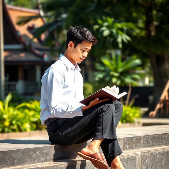 A tall, attractive student dressed in a crisp white long-sleeve shirt and tailored black pants, deeply focused on reading a book