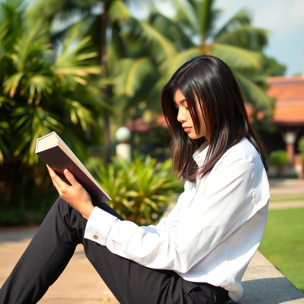 A tall, attractive student dressed in a crisp white long-sleeve shirt and tailored black pants, deeply focused on reading a book