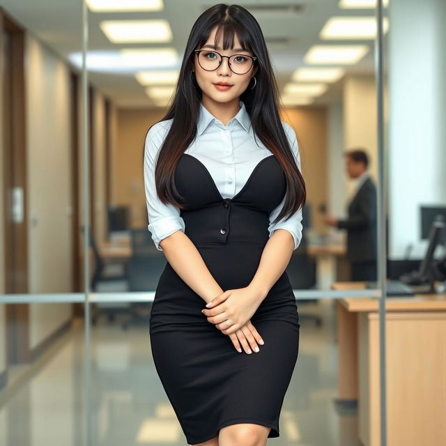 A 19-year-old female secretary of mixed Japanese and Caucasian ethnicity, showcasing a curvy body type with huge, extremely large silicone breasts and a big ass