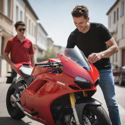 A young man rinsing a real-life size, vibrant red Ducati motorbike with a microfiber cloth, giving every edge and curve precise attention and care, under the soft, gleaming sun