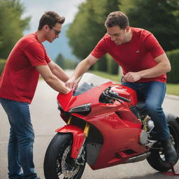 A young man rinsing a real-life size, vibrant red Ducati motorbike with a microfiber cloth, giving every edge and curve precise attention and care, under the soft, gleaming sun