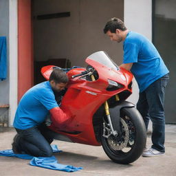 A young man thoroughly washing a life-sized, radiant red Ducati motorbike with a bold blue microfiber cloth, infusing the scene with his diligence and passion