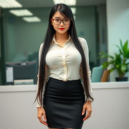 A 19-year-old female secretary of mixed Japanese and Caucasian ethnicity, featuring a curvy body type with huge, extremely large silicone breasts and a big ass