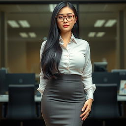 A 19-year-old female secretary of mixed Japanese and Caucasian ethnicity, featuring a curvy body type with huge, extremely large silicone breasts and a big ass